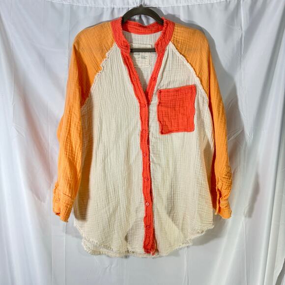 Aerie Pool-to-Party Gauze Cover-Up Shirt Orange & Cream Lightweight Beach Small - Picture 2 of 5